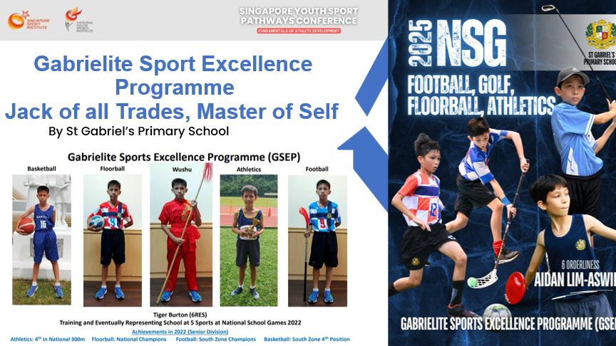 Slide presenting St Gabriel's Primary School Gabrielite Sports Excellence Programme featuring student athletes in basketball, floorball, wushu, athletics, and football.