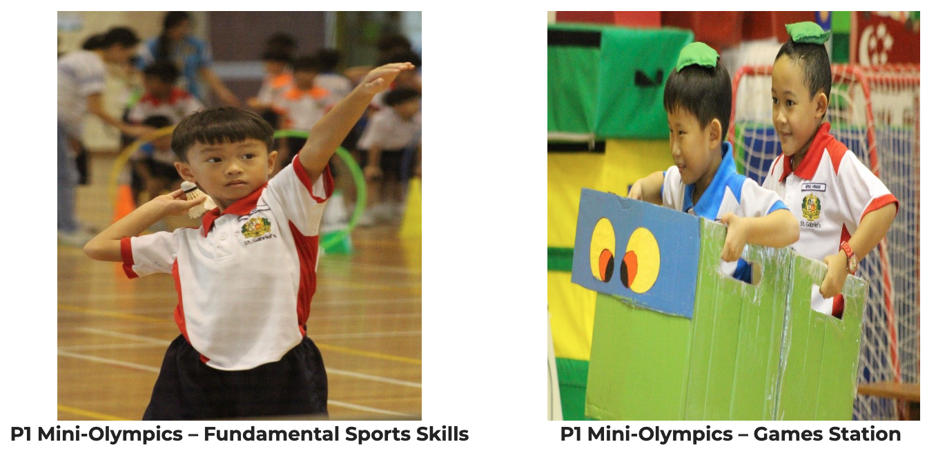 Two photos of young students at a P1 Mini-Olympics: one playing badminton, two others at a colorful games station.