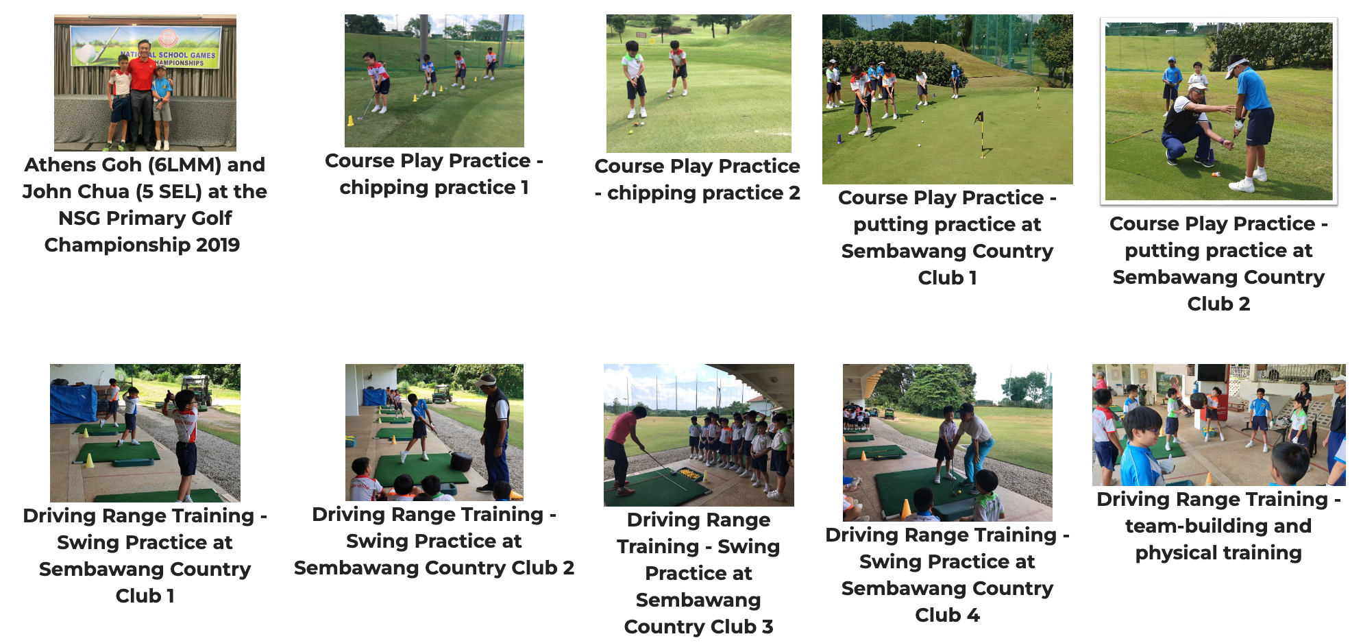 Ten photos showing young students practicing golf, including chipping, putting, and swing drills at a country club.