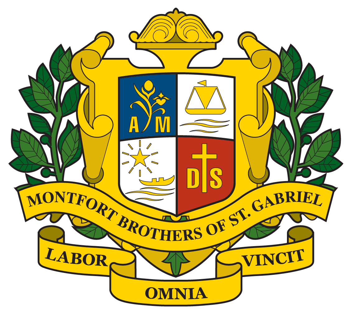 Gold and green coat of arms for Montfort Brothers of St. Gabriel with motto Labor Omnia Vincit on banners.