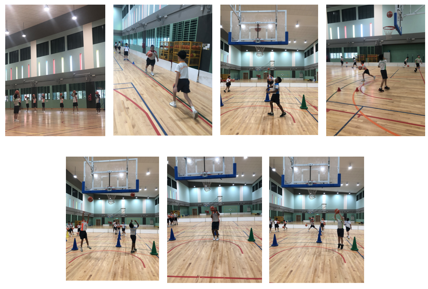 Seven photos of students practicing basketball drills indoors, dribbling and shooting toward hoops on a wooden court.