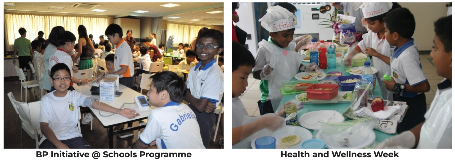 Two school health event photos: children getting blood pressure checks and kids in chef hats preparing food at a table.