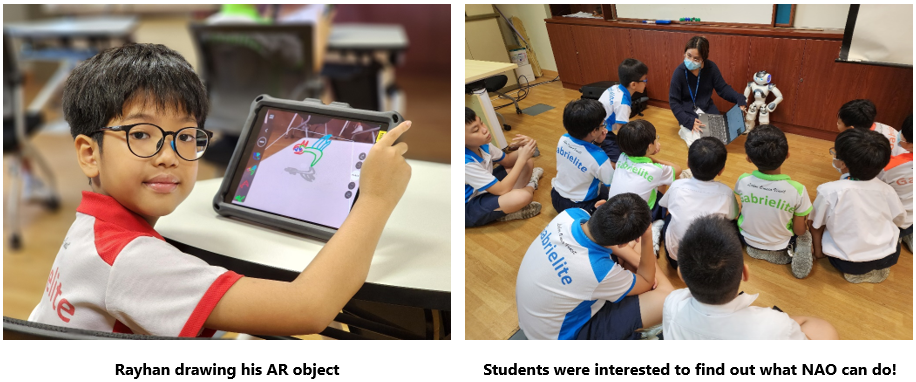 Boy uses a tablet for AR drawing; students sit on floor watching a teacher demonstrate a small humanoid robot.