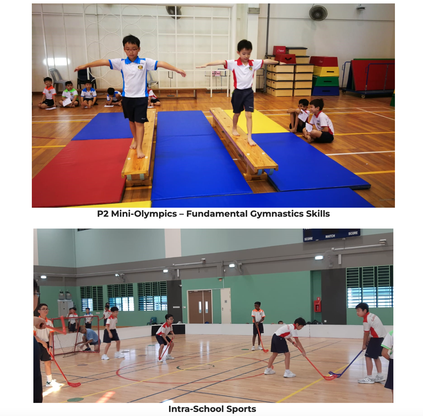 Two school photos: boys balancing on beams over mats for gymnastics, and boys playing floorball in a gym.