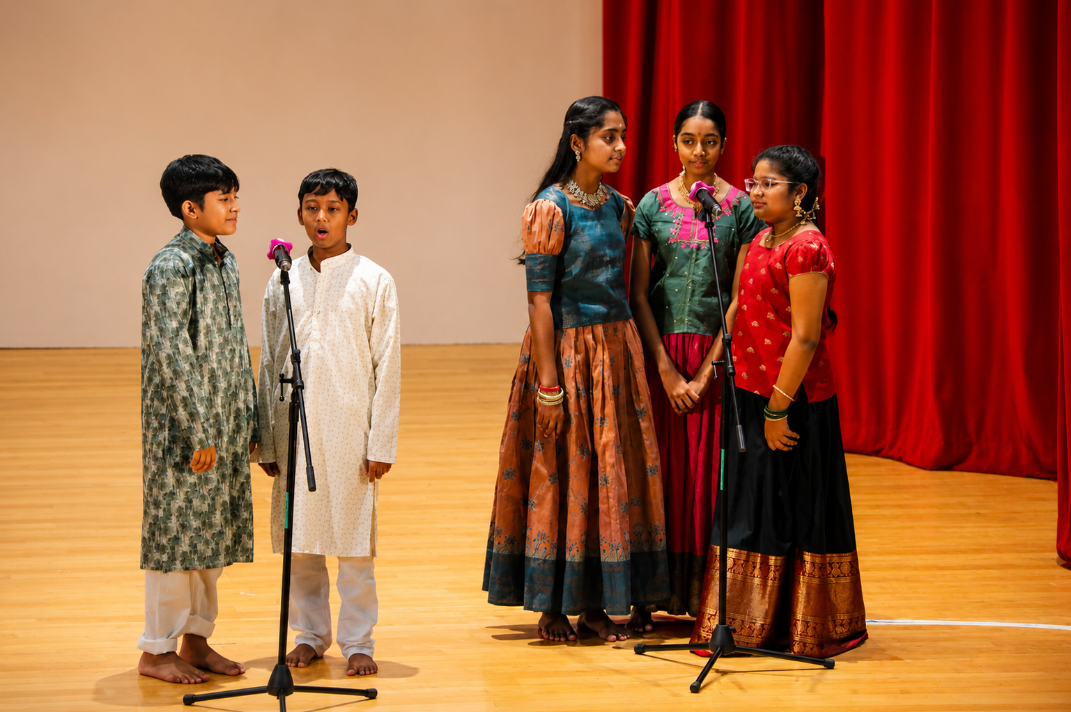 Two boys and three girls in traditional dress stand barefoot at two microphones on a stage with red curtain.