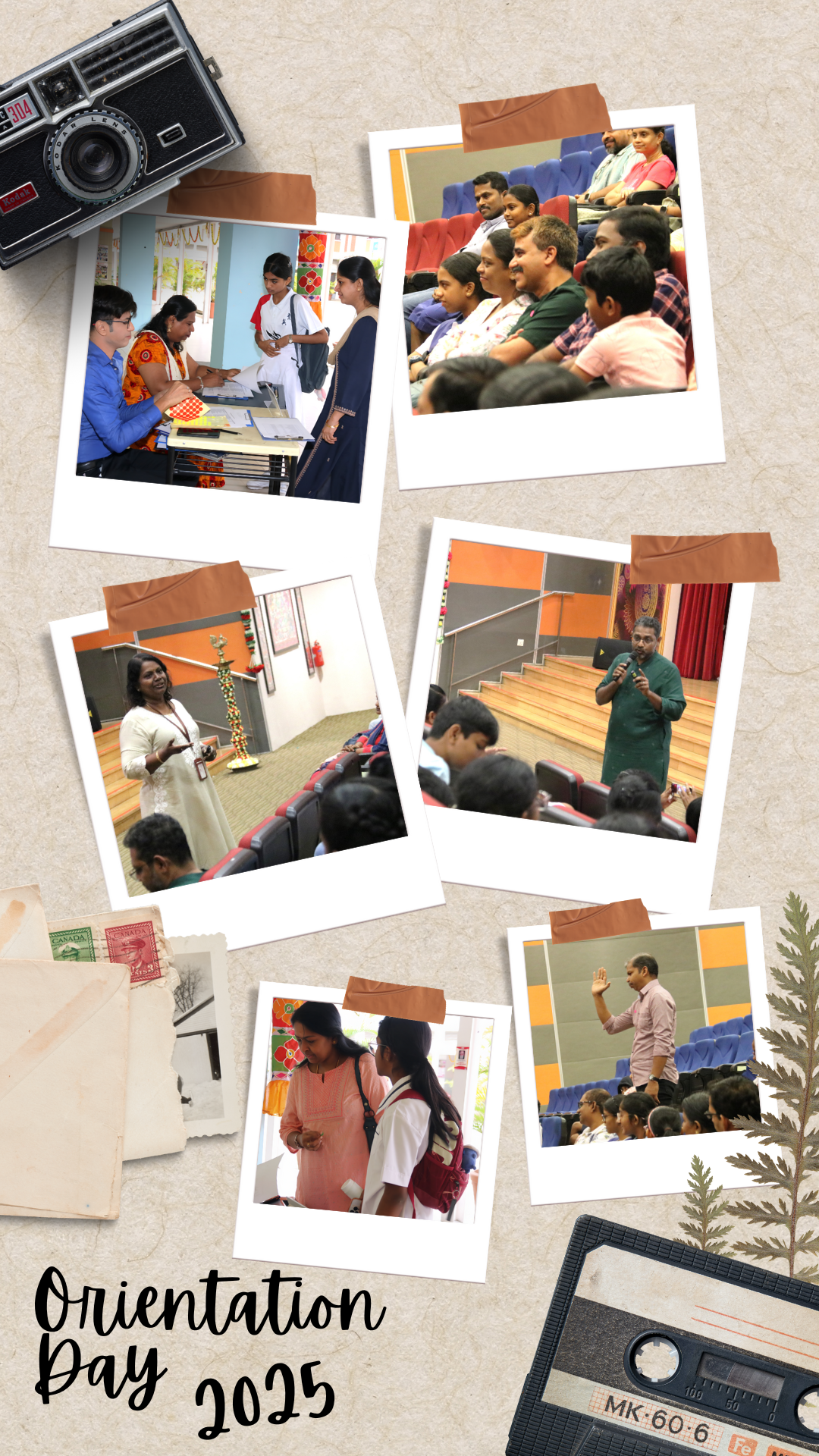 Collage of six polaroid photos from Orientation Day 2025 showing speakers and students at an indoor event.