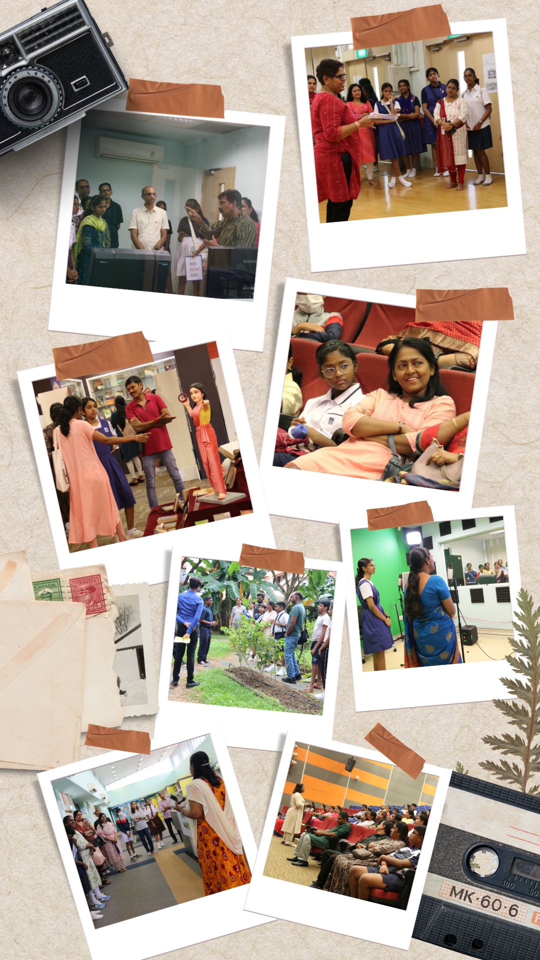 A collage of polaroid photos showing students and teachers at various school events, displayed on a beige background.