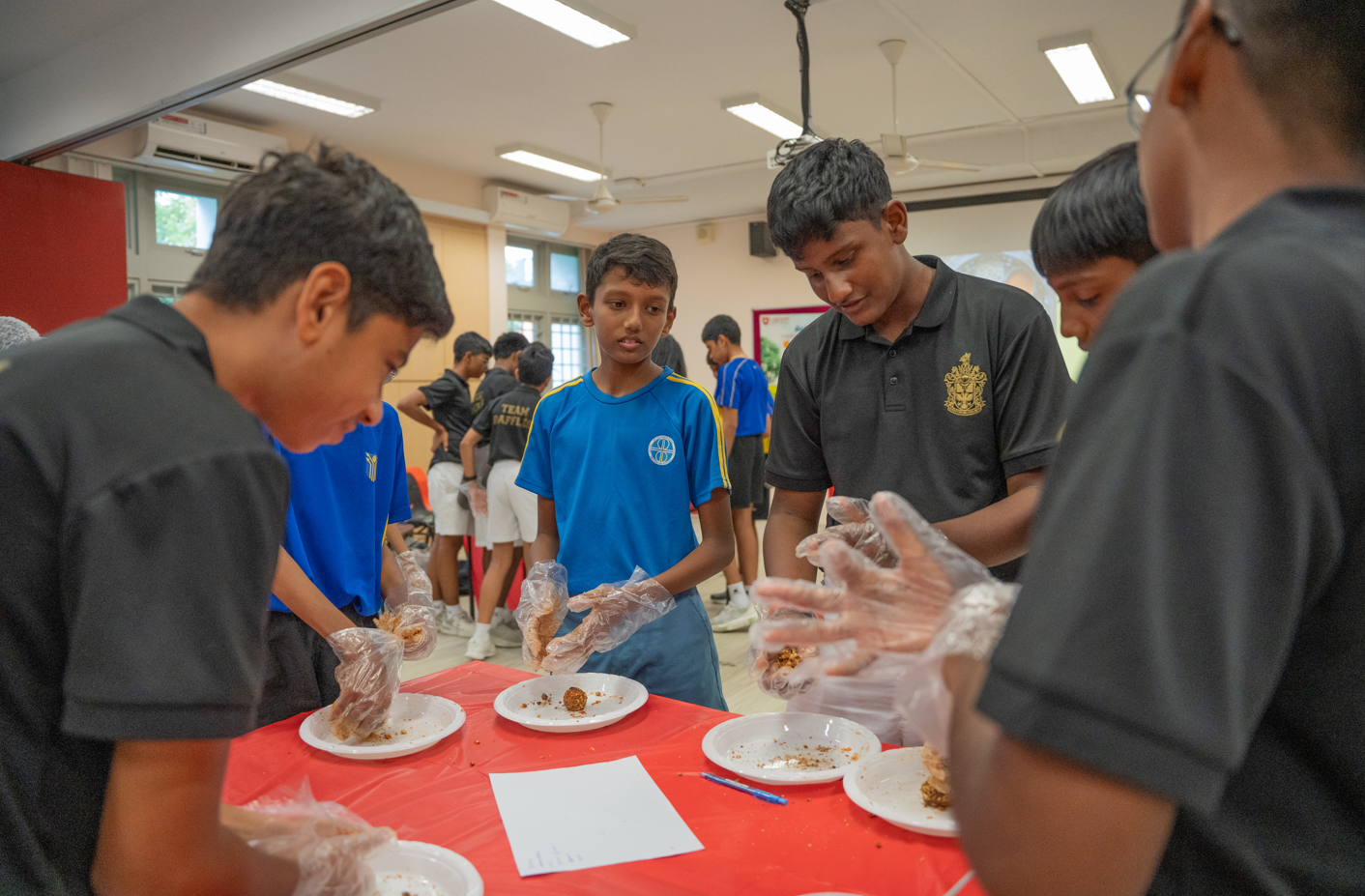 Students wearing plastic gloves shape food balls over plates at a red table in a classroom.