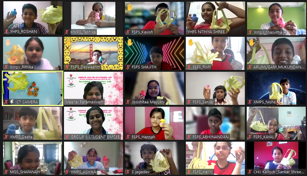 A video call grid showing children holding handmade crafts, with their names displayed in labeled tiles.