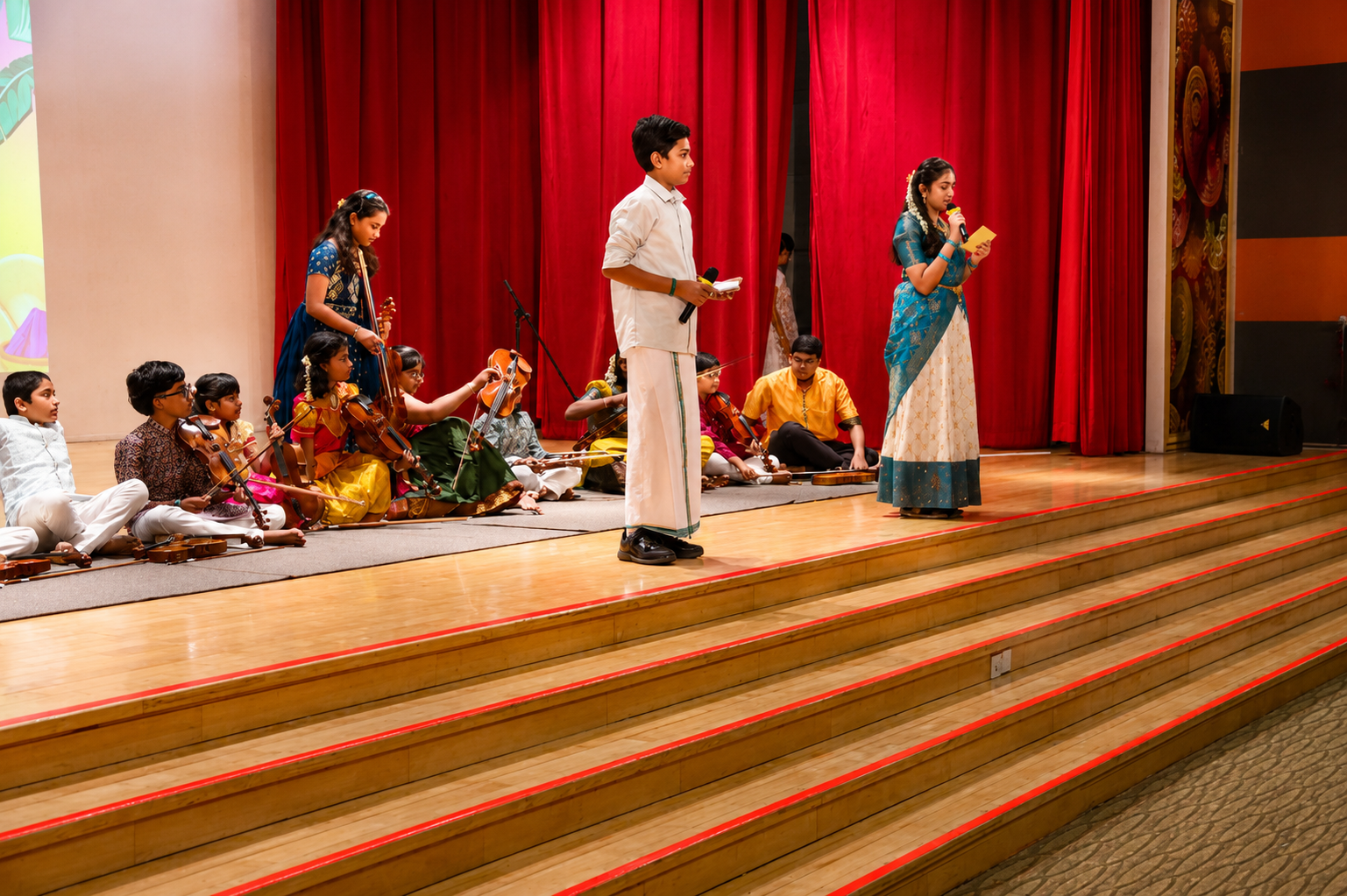 Students on stage with violins; boy in white stands center, girl in blue speaks into a microphone by red curtains.