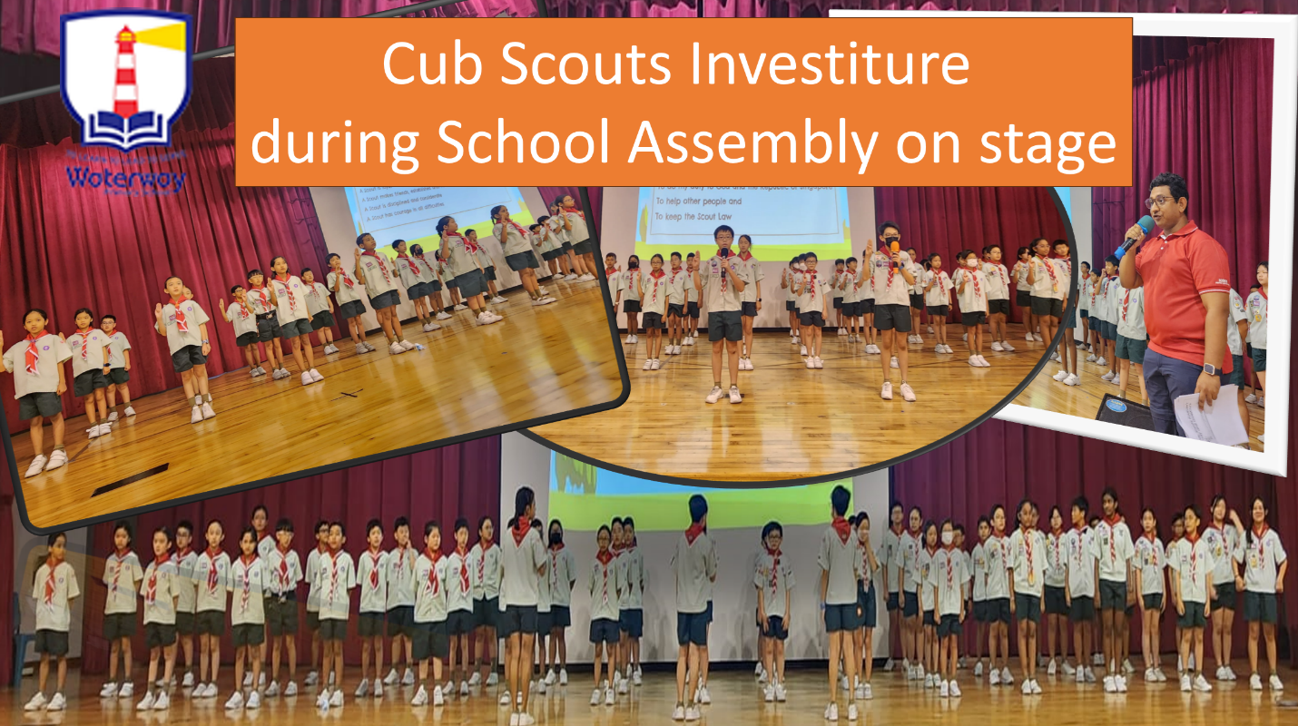 Children in Cub Scout uniforms stand in rows on a school hall stage during an investiture assembly.