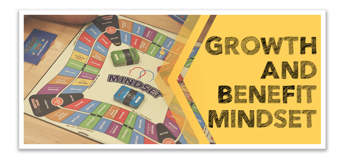 Colorful Mindset board game on a table beside bold text reading Growth and Benefit Mindset on yellow background.