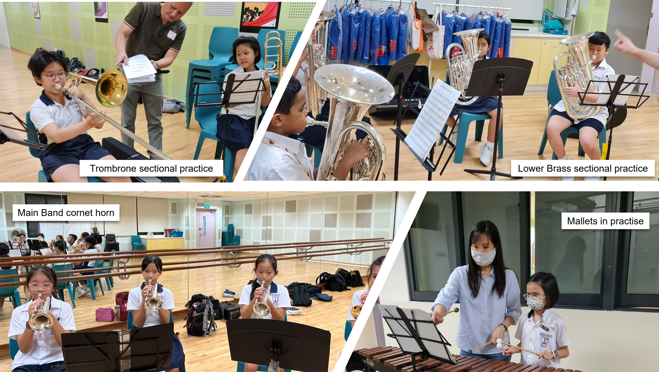 Collage of students practicing trombone, lower brass, cornets, and mallets in a music room.
