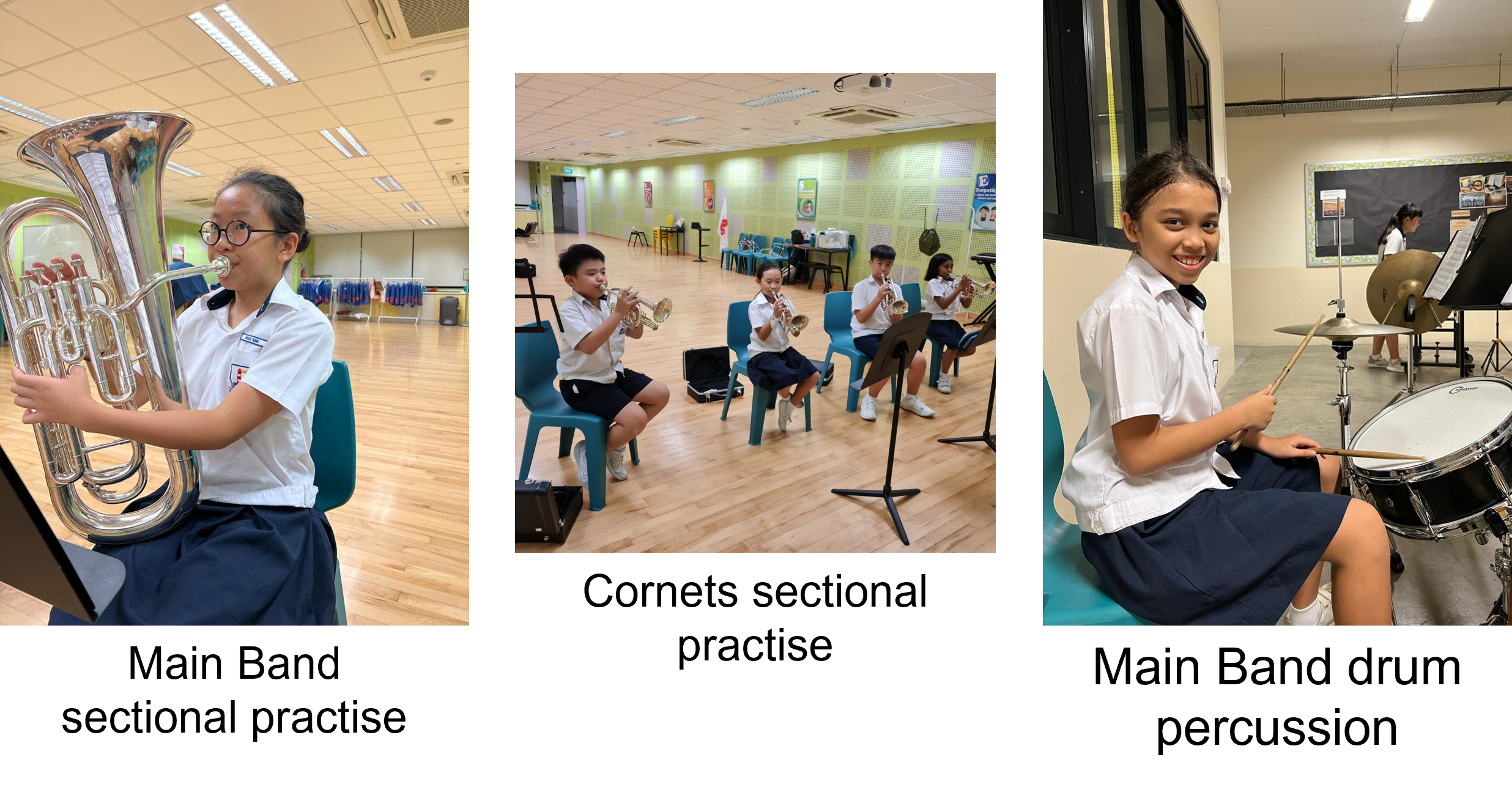 Three photos of students rehearsing: girl plays tuba, kids play trumpets seated, girl plays drums.