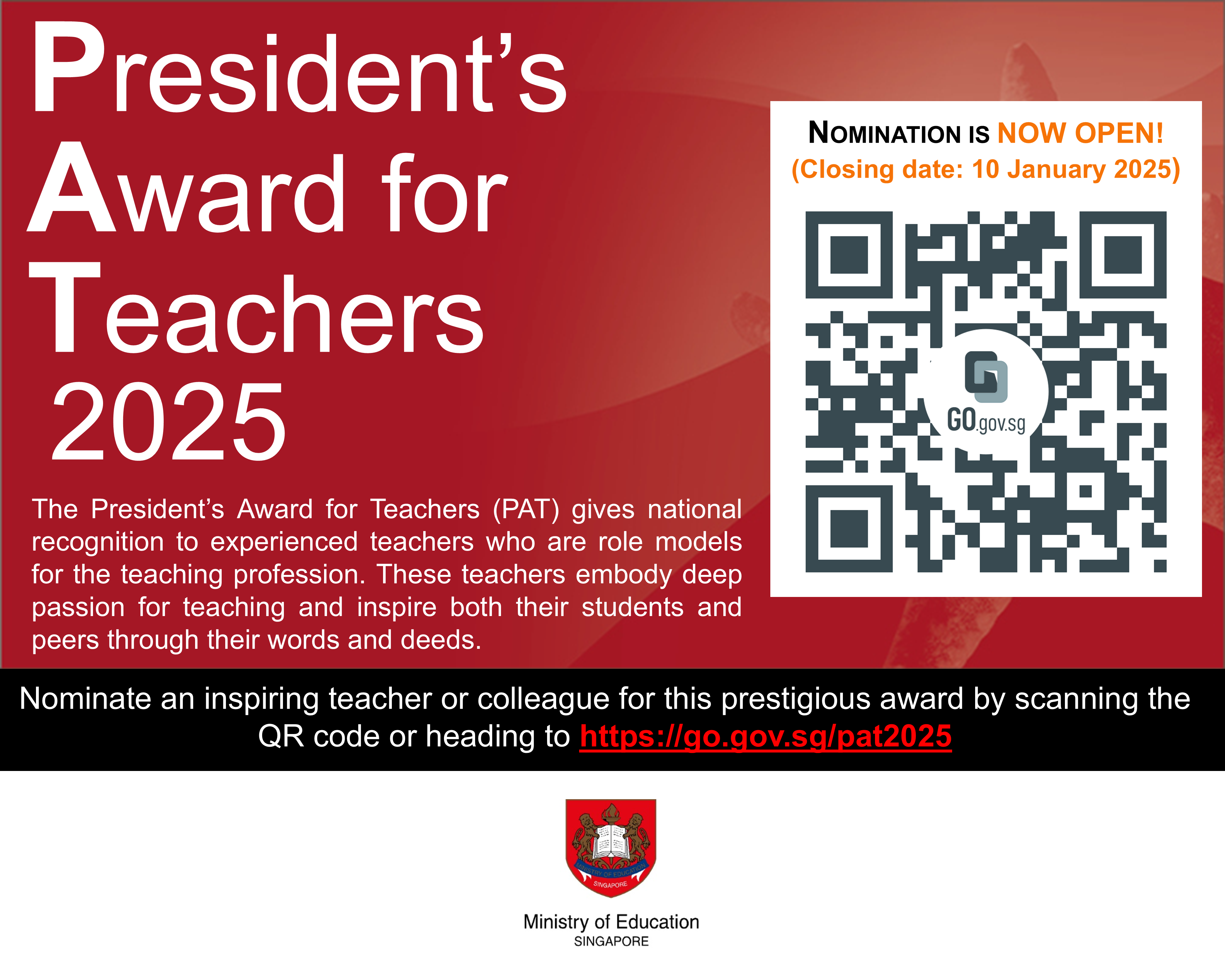 Flyer for Singapore's President's Award for Teachers 2025 with a QR code, closing date January 10, 2025.