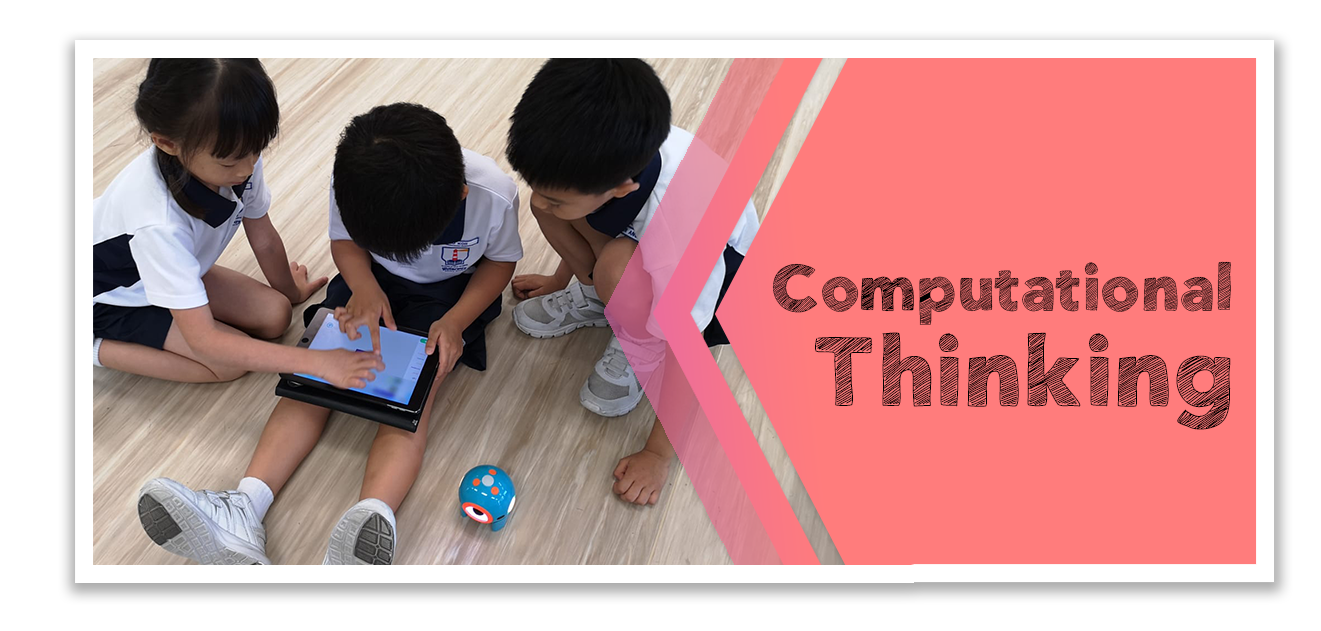 Three young students in uniforms sit on a floor using a tablet near a small robot, beside text reading Computational Thinking.