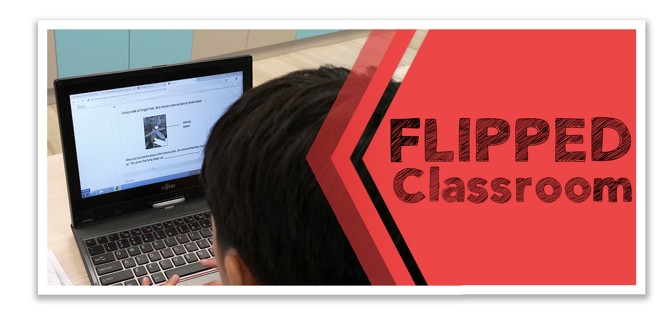 Student looking down at a laptop with a lesson on screen, beside bold red text reading Flipped Classroom.