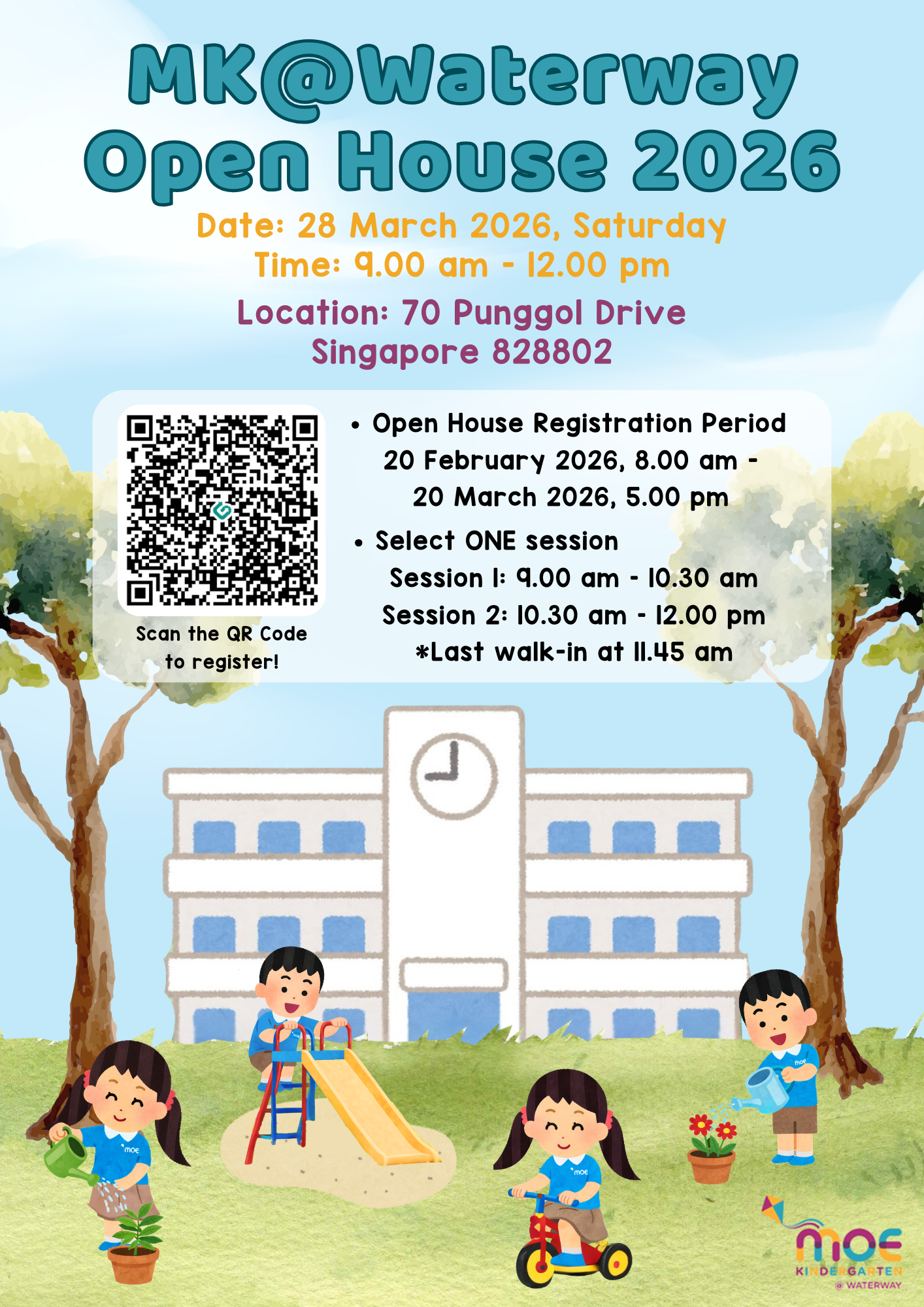 Flyer for MK@Waterway Open House 2026 on 28 March at 70 Punggol Drive, with cartoon children playing outside a school.