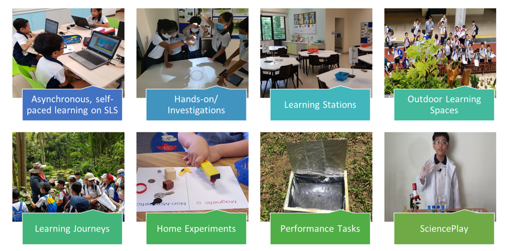 Eight labeled school science activity photos showing students doing online learning, experiments, outdoor trips, and lab work.