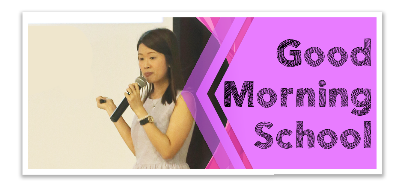 Woman holding a microphone speaks at an event, next to bold text reading Good Morning School on a pink background.