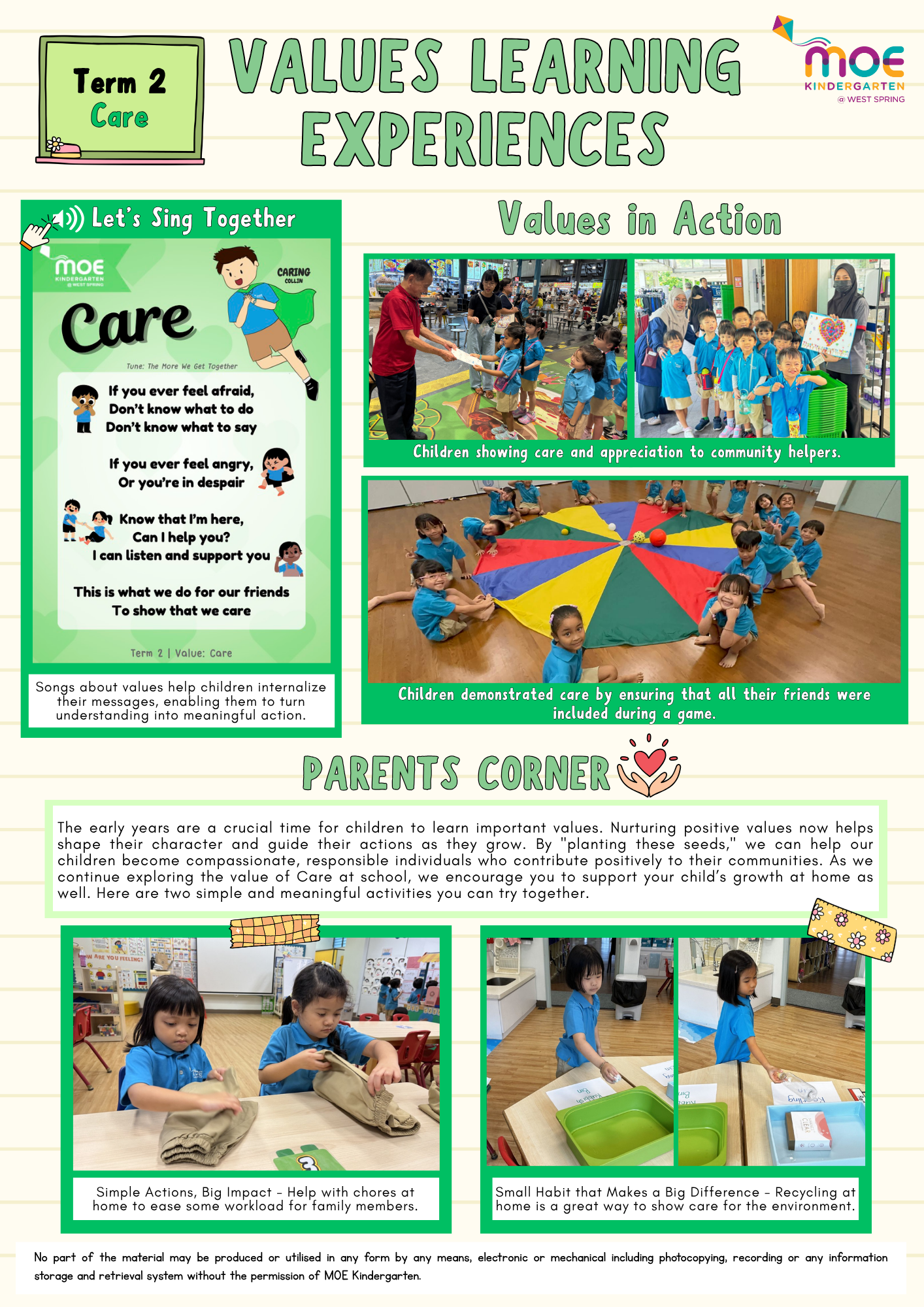 MOE Kindergarten poster on Term 2 Values Learning Experiences focusing on Care, with photos of children activities.