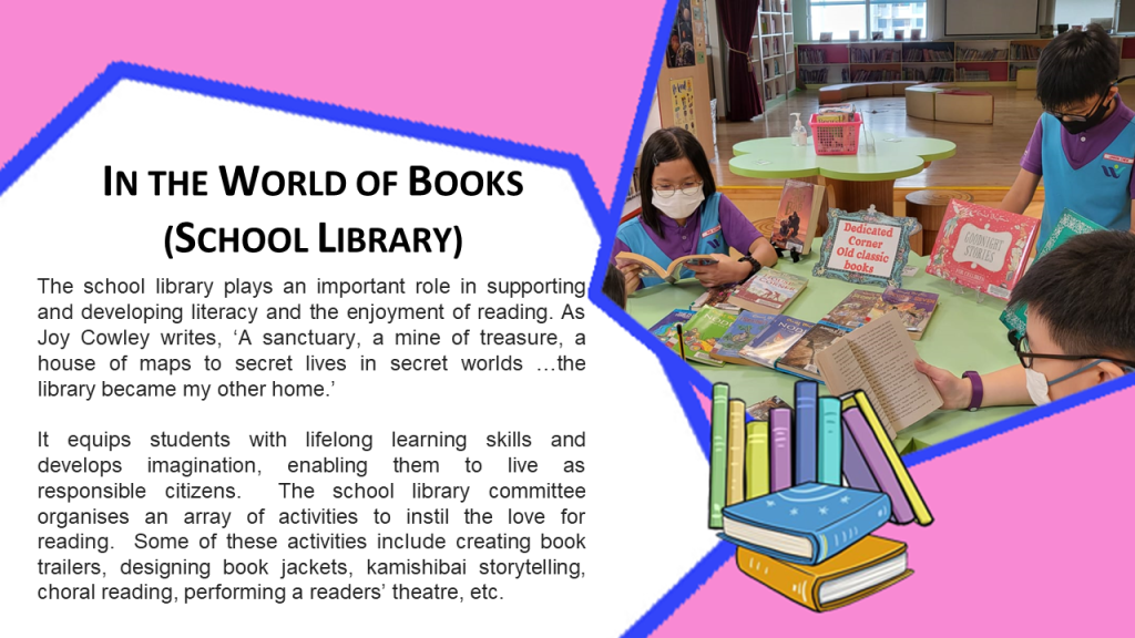 Three masked students browse books at a library table beside text about a school library program.