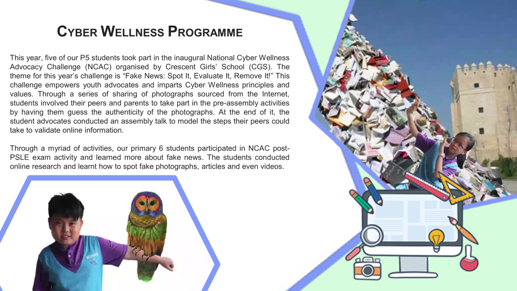 Flyer for Cyber Wellness Programme showing text, a boy holding an owl, a paper pile photo, and school supply icons.