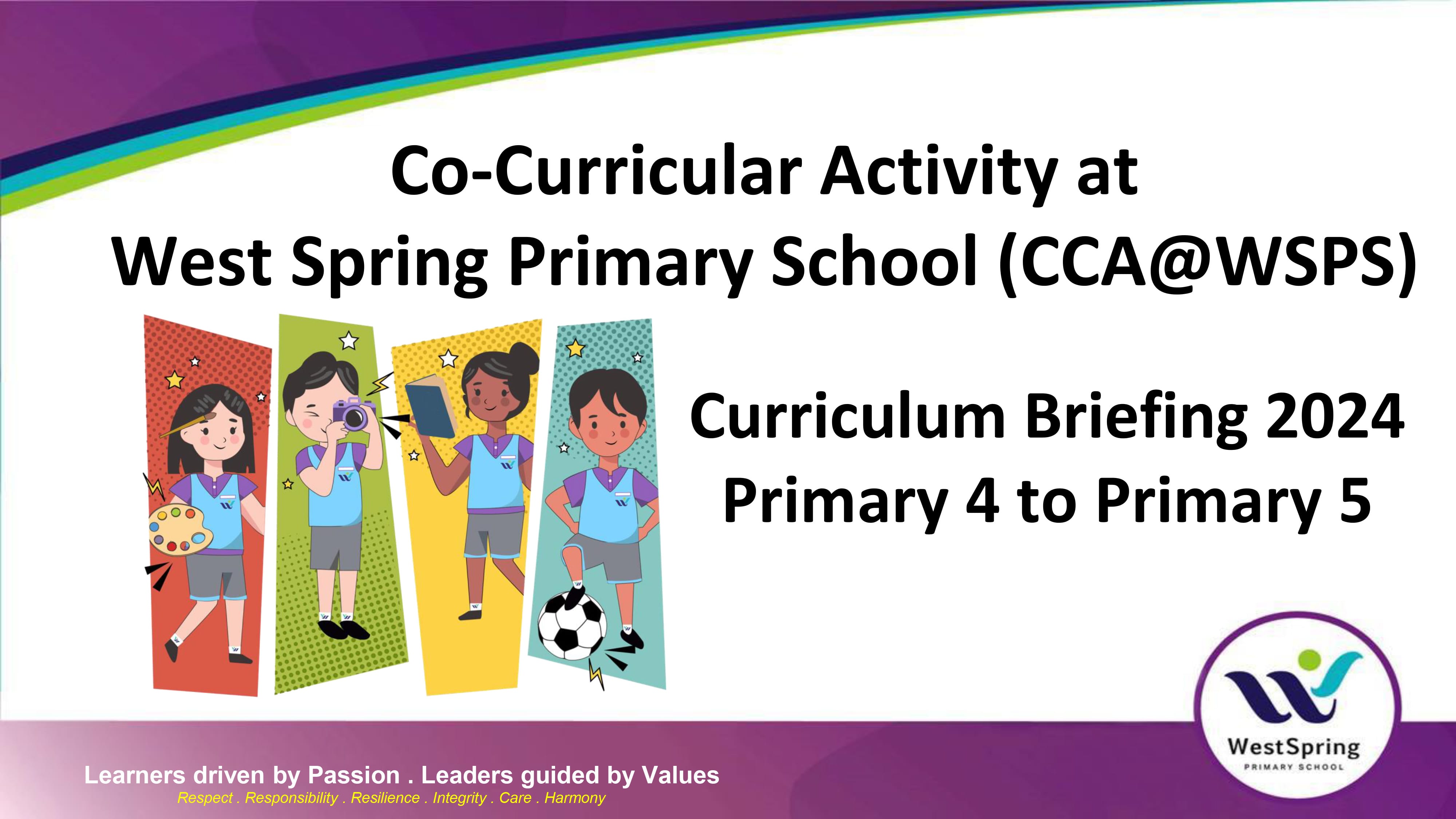 Slide titled Co-Curricular Activity at West Spring Primary School CCA Curriculum Briefing 2024 Primary 4 to 5.