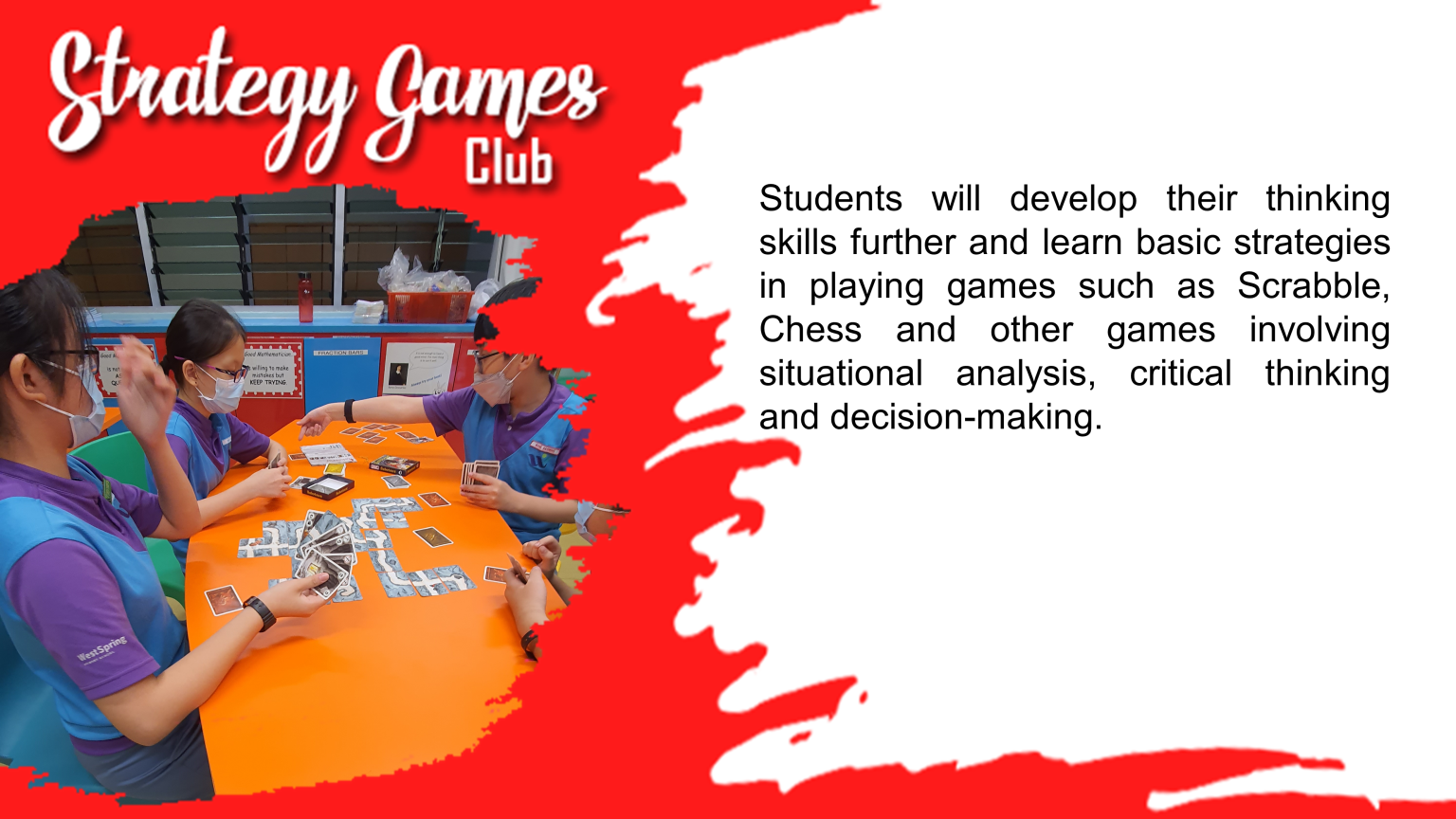 Flyer for Strategy Games Club showing students playing card games at an orange table with descriptive text.