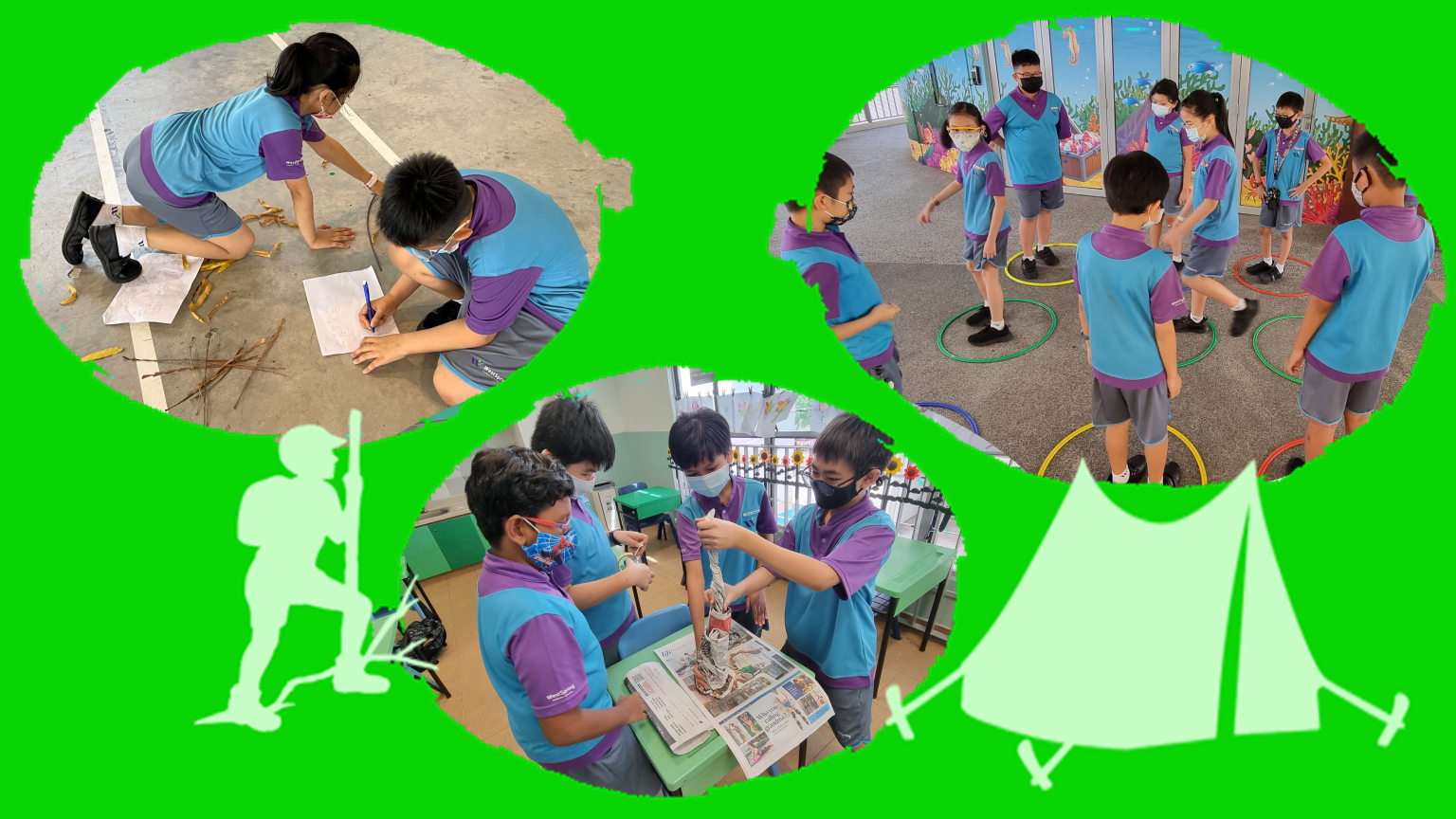 Three oval photos showing students doing group activities indoors and outdoors.