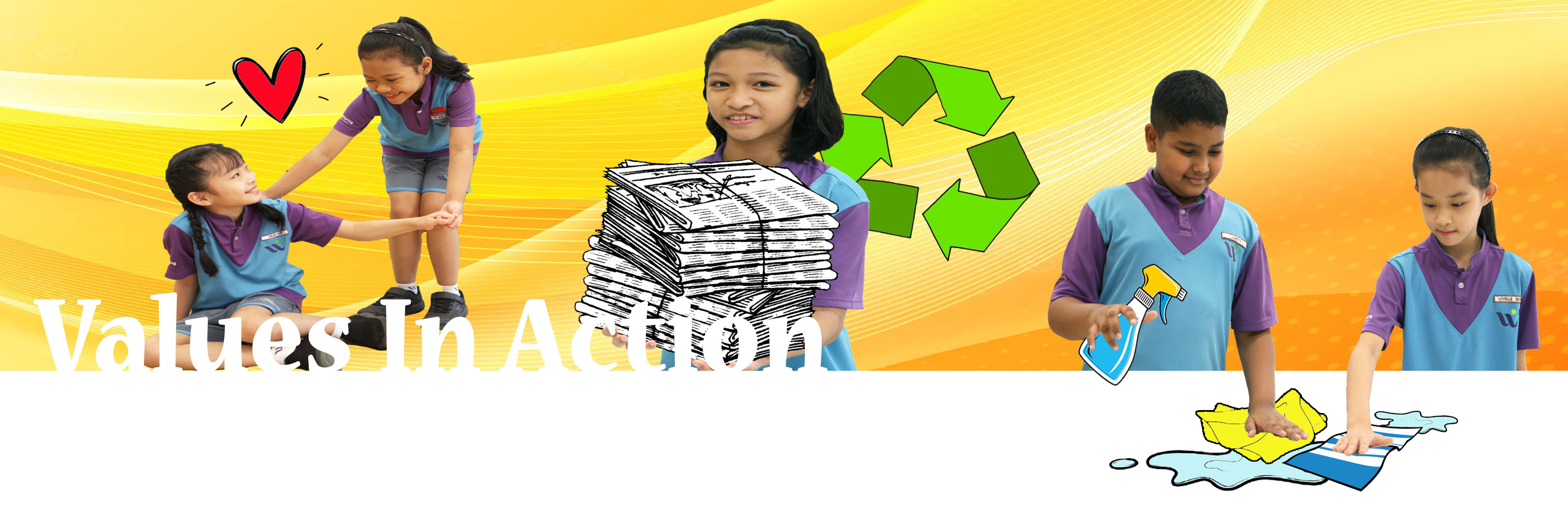 Four children in blue and purple school uniforms shown helping, recycling newspapers, and cleaning, with text Values In Action.