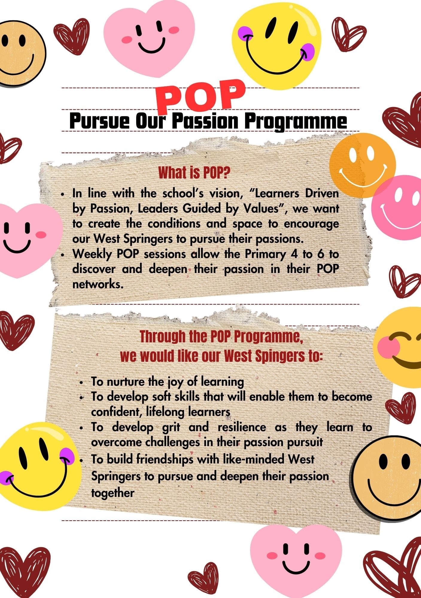 Flyer for the POP Pursue Our Passion Programme with smiley faces, hearts, and bullet points on goals.