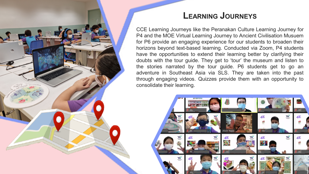School flyer titled Learning Journeys showing masked students on laptops and a Zoom grid of masked children.