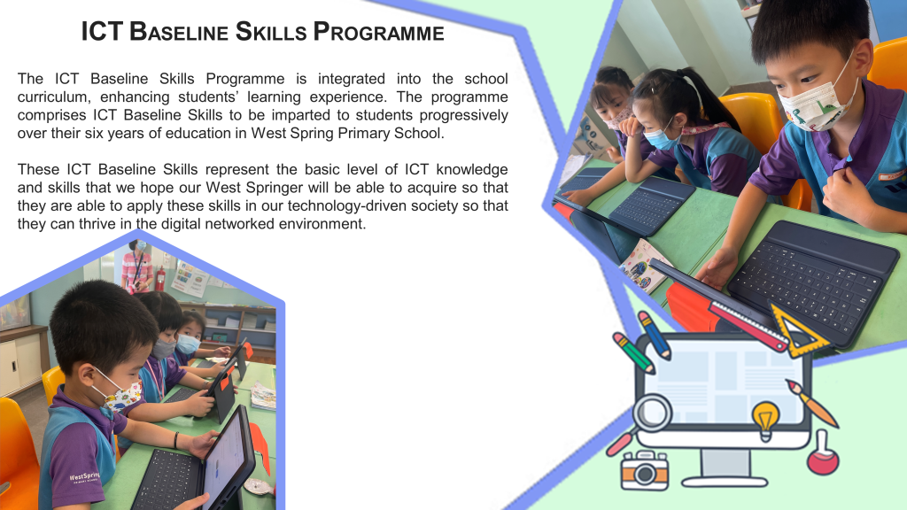 Flyer about ICT Baseline Skills Programme showing masked primary students using tablets in a classroom.