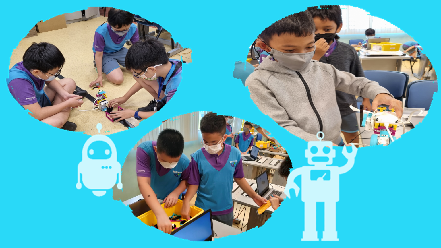 Three oval photos show masked children in school uniforms building robots and using laptops, with blue robot icons between them.