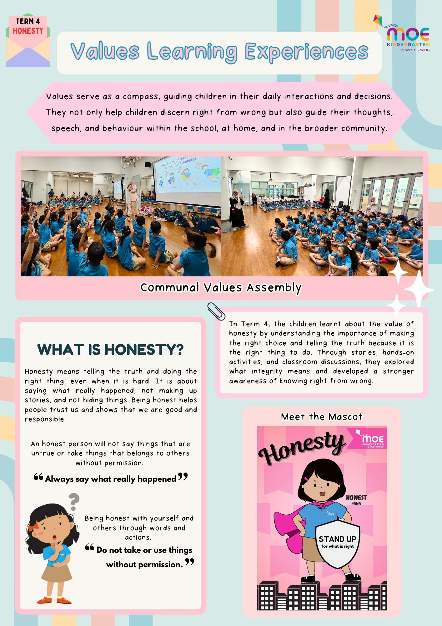 A school newsletter about honesty values, showing children in blue uniforms at a communal assembly with a cartoon mascot.