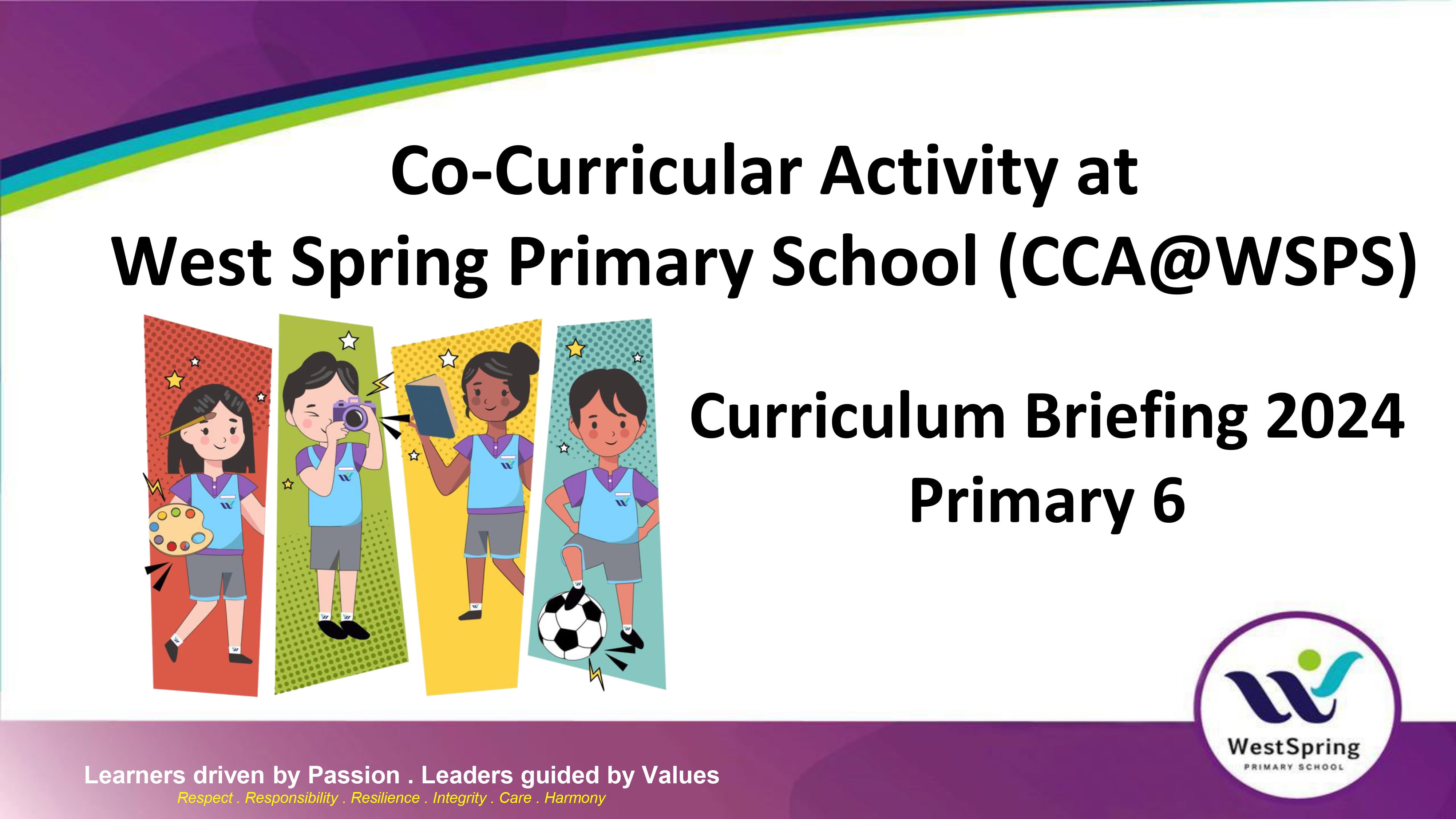 Slide for West Spring Primary School CCA Curriculum Briefing 2024 Primary 6, with cartoon students doing activities.