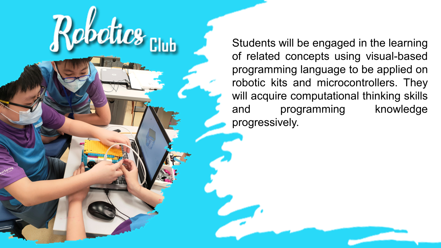 Two masked students work together on a laptop with a robotic kit, under a Robotics Club heading.