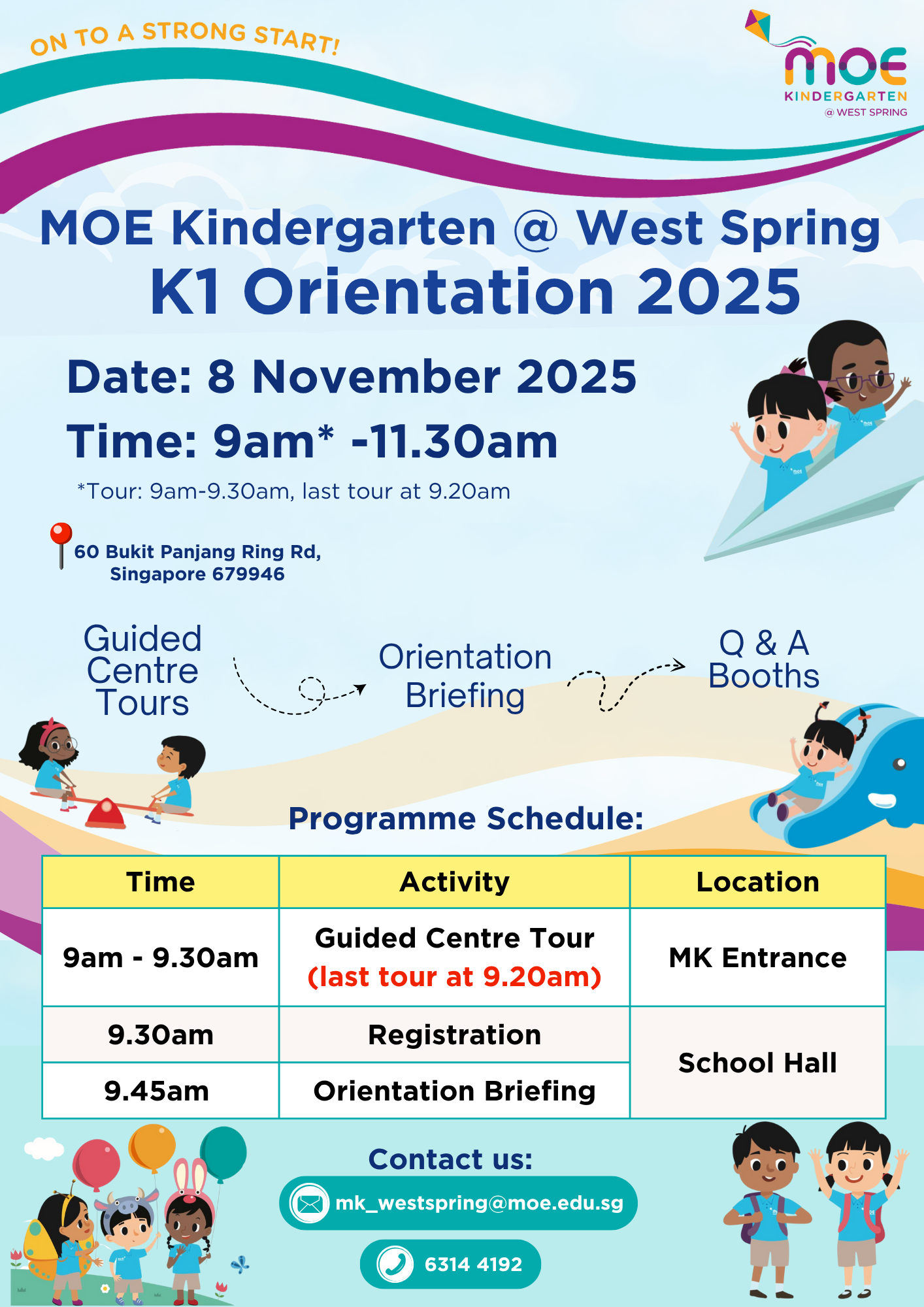 Flyer for MOE Kindergarten West Spring K1 Orientation 2025 on 8 November, 9am to 11.30am, with schedule and cartoon children.