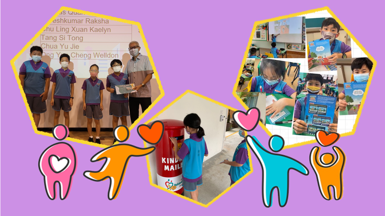 Collage of masked schoolchildren posting letters in a red Kindness Mailbox and receiving awards from the Principal..