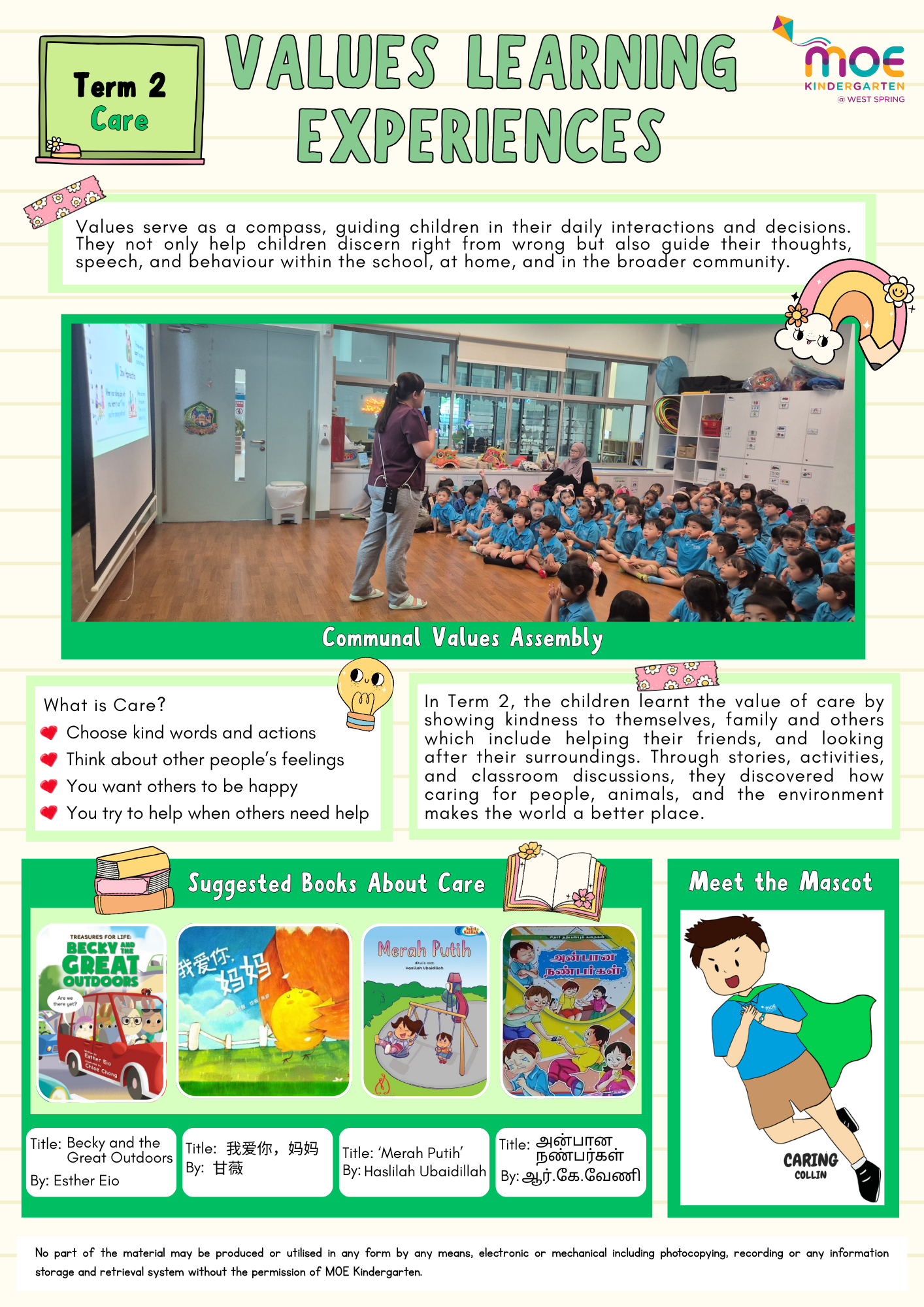 MOE Kindergarten poster about Term 2 Values Learning Experiences focused on Care, with classroom photo and book suggestions.
