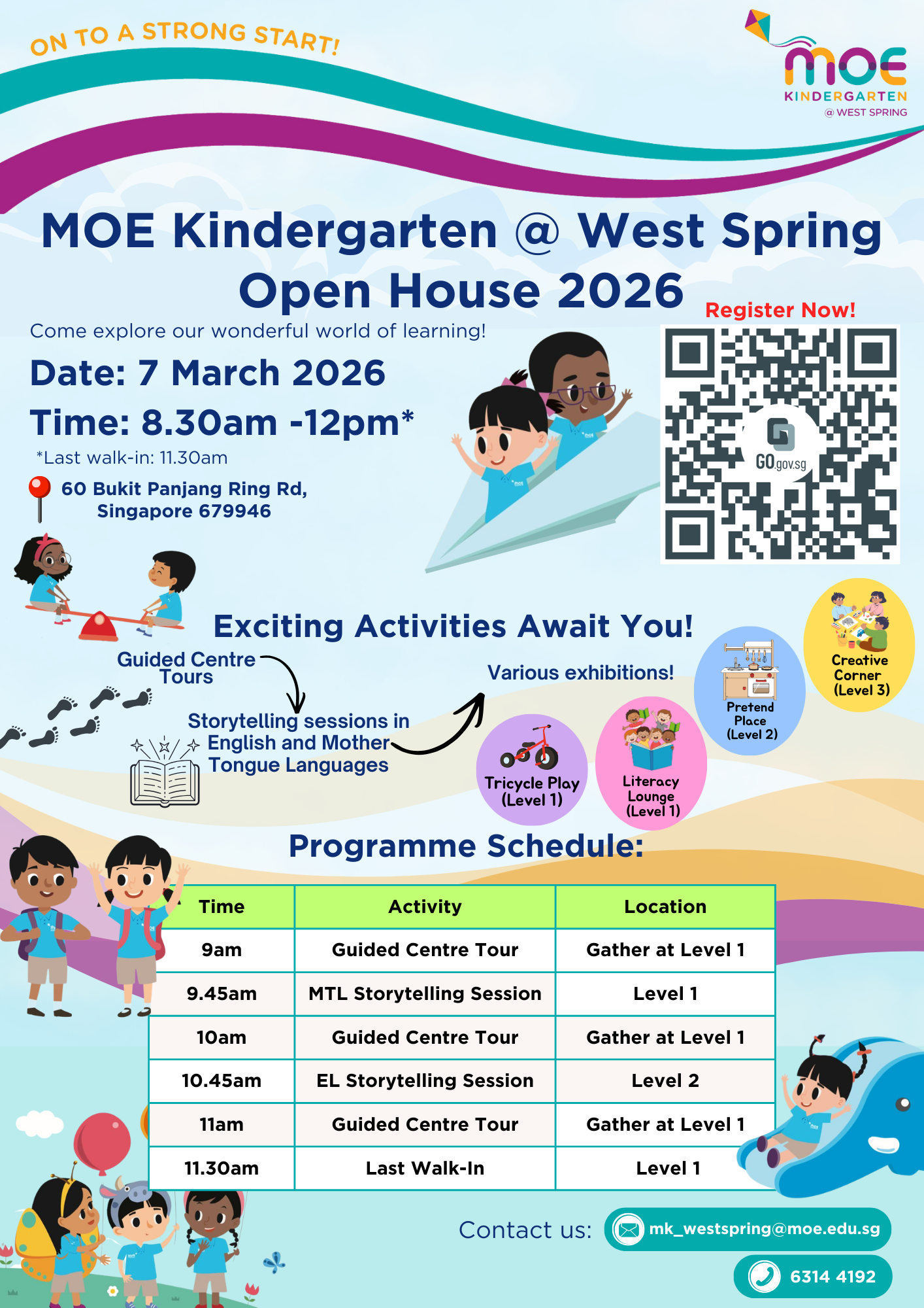 Colorful flyer for MOE Kindergarten West Spring Open House 2026 on 7 March, listing activities and a programme schedule.
