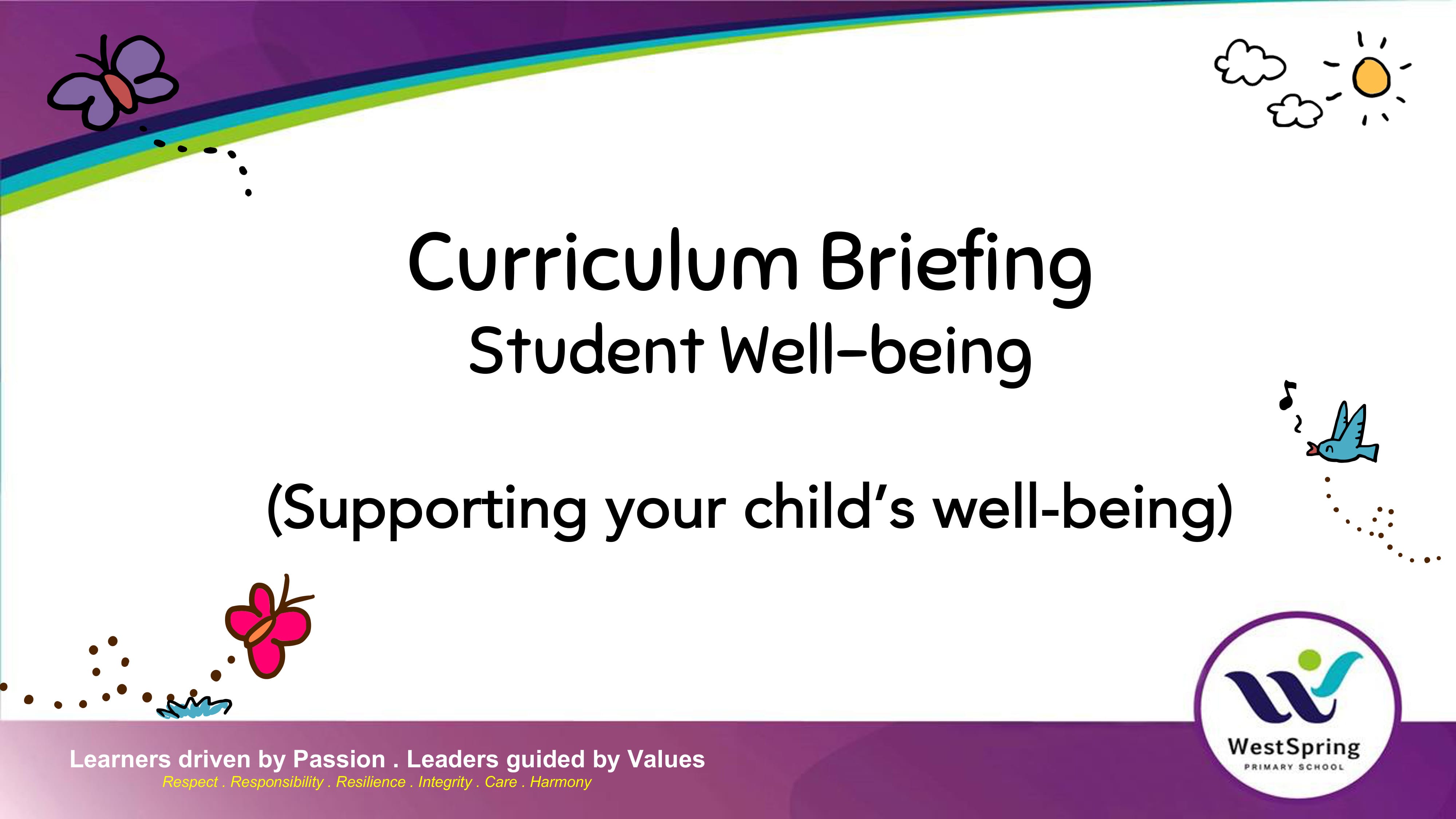 WestSpring Primary School slide titled Curriculum Briefing Student Well-being with colorful cartoon butterflies and birds.