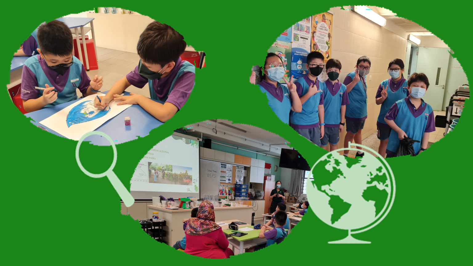 Three oval photos show masked students in blue uniforms drawing, posing as a group, and attending a classroom lesson.
