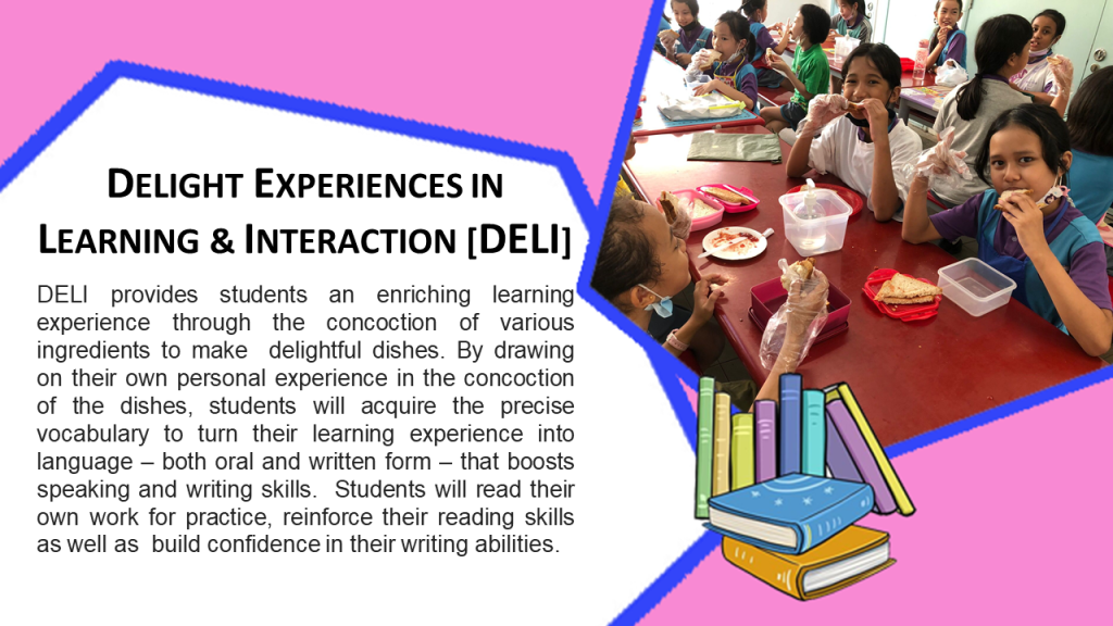 Flyer for DELI program showing students eating food at a table, with colorful text and cartoon books on pink background.