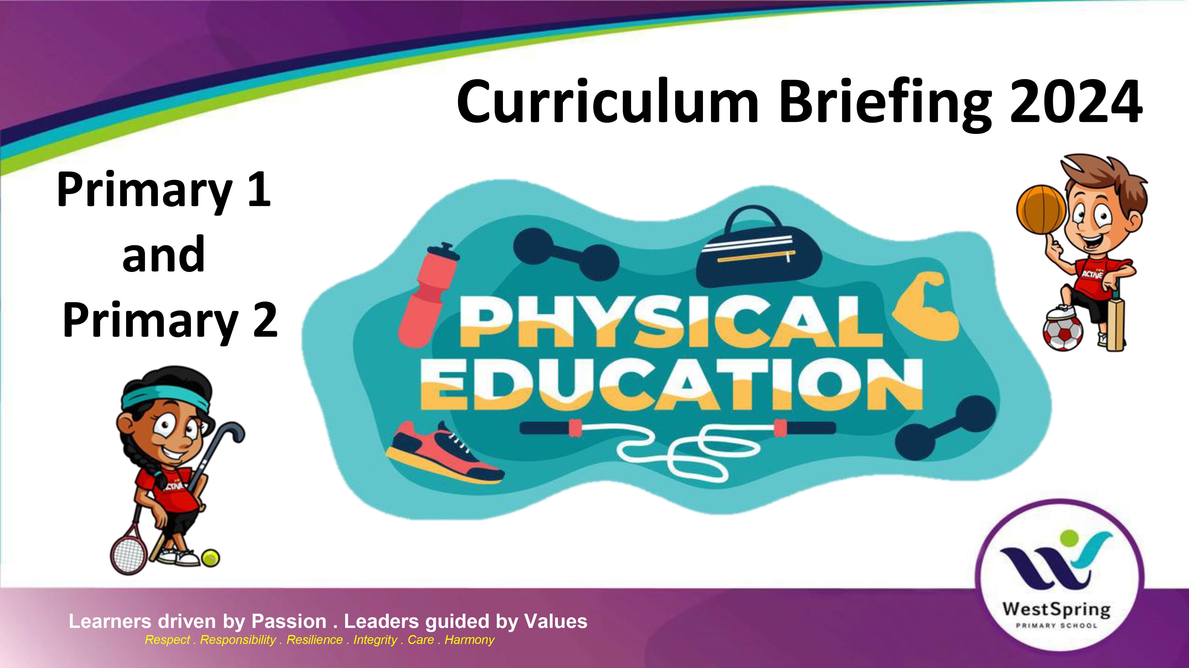 Slide titled Curriculum Briefing 2024 for Primary 1 and 2 Physical Education at WestSpring Primary School.