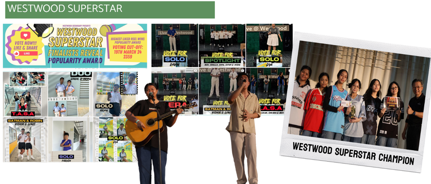Westwood Superstar school talent competition collage showing finalists, performers, voting graphics, and champion group photo.