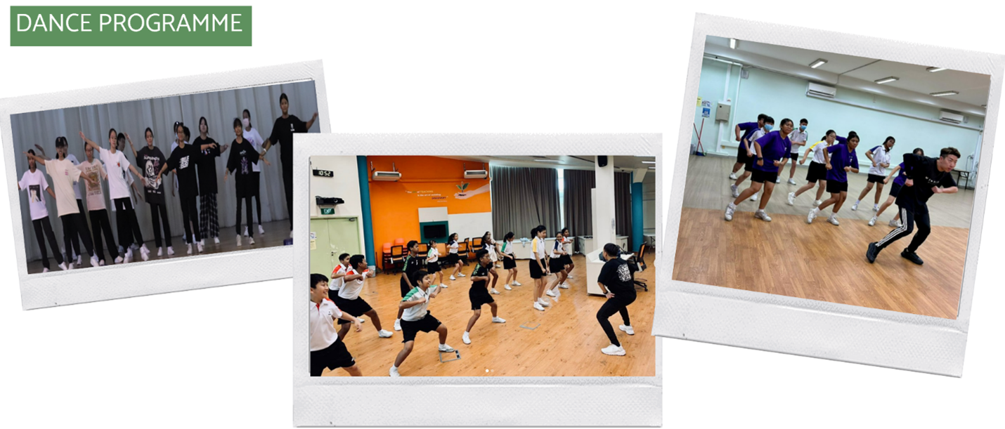 Three polaroid photos showing students practicing dance moves in studios, labeled Dance Programme.