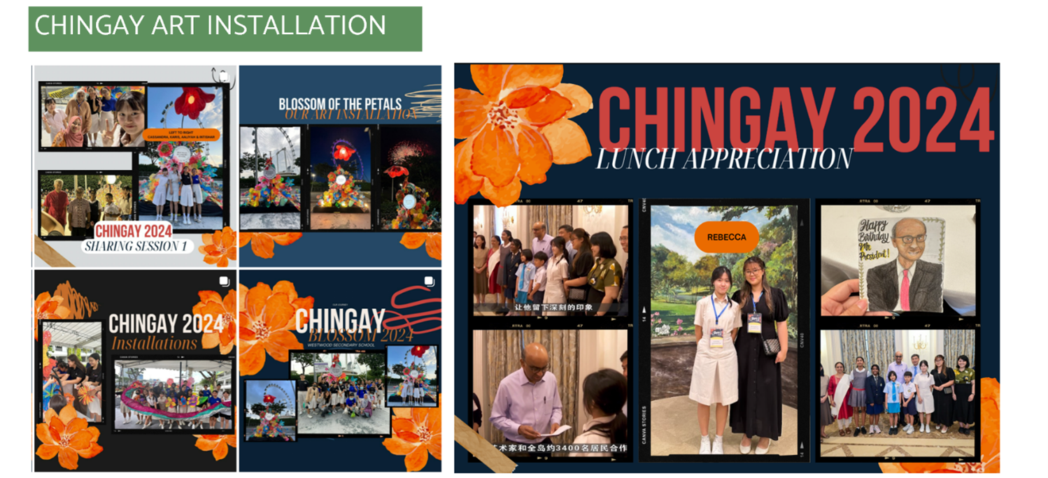 Chingay 2024 art installation and lunch appreciation collage with student photos and orange floral decorations.