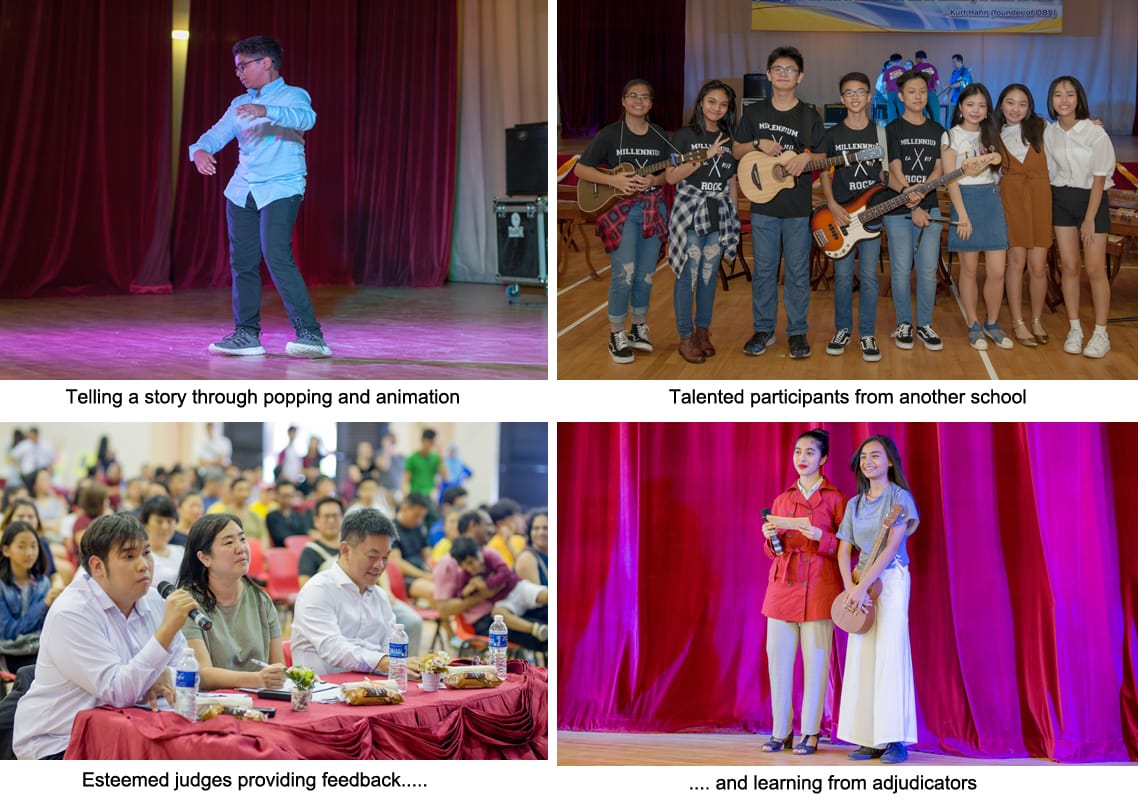 Four scenes from a school talent show featuring a dancer, student band, judges, and two girls on stage.